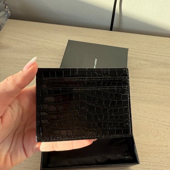 NWT Saint Laurent YSL Card Holder Croco-embossed Patent Leather Black - Picture 6 of 8